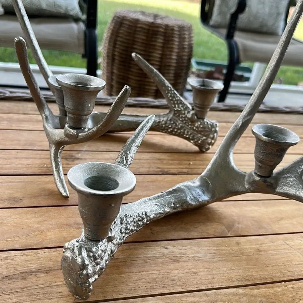 - Vintage Deer Antler Aluminum Candle Stick Holder Decor (2)